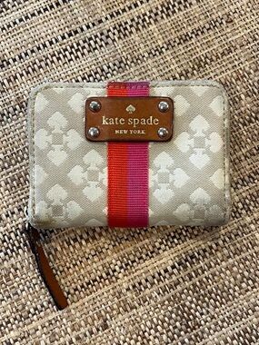 Kate Spade Cream Jacquard Mini Zip Wallet with Pink and Orange Stripe